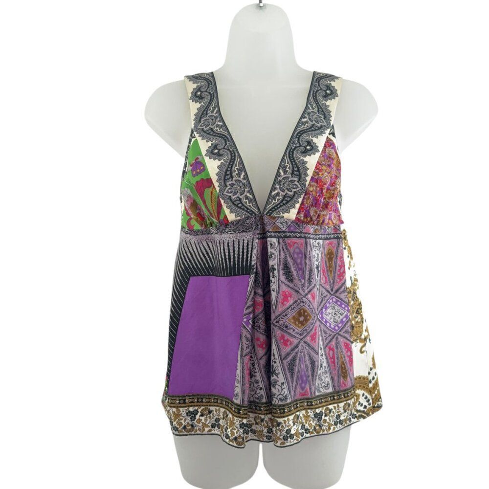 Etro Babydoll tank Top 100% Silk Patchwork Multicolor Back Zip Size 38 - Picture 2 of 11